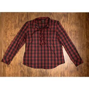 NWOT Talbots Womens Red Buffalo Plaid Blouse Shirt Ruffle Front Stretch Soft 12P